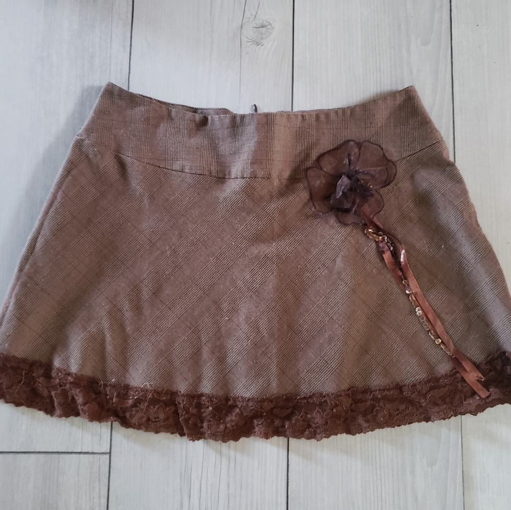 Planet Funk Brown Schoolgirl Flower Lace Skirt M/L